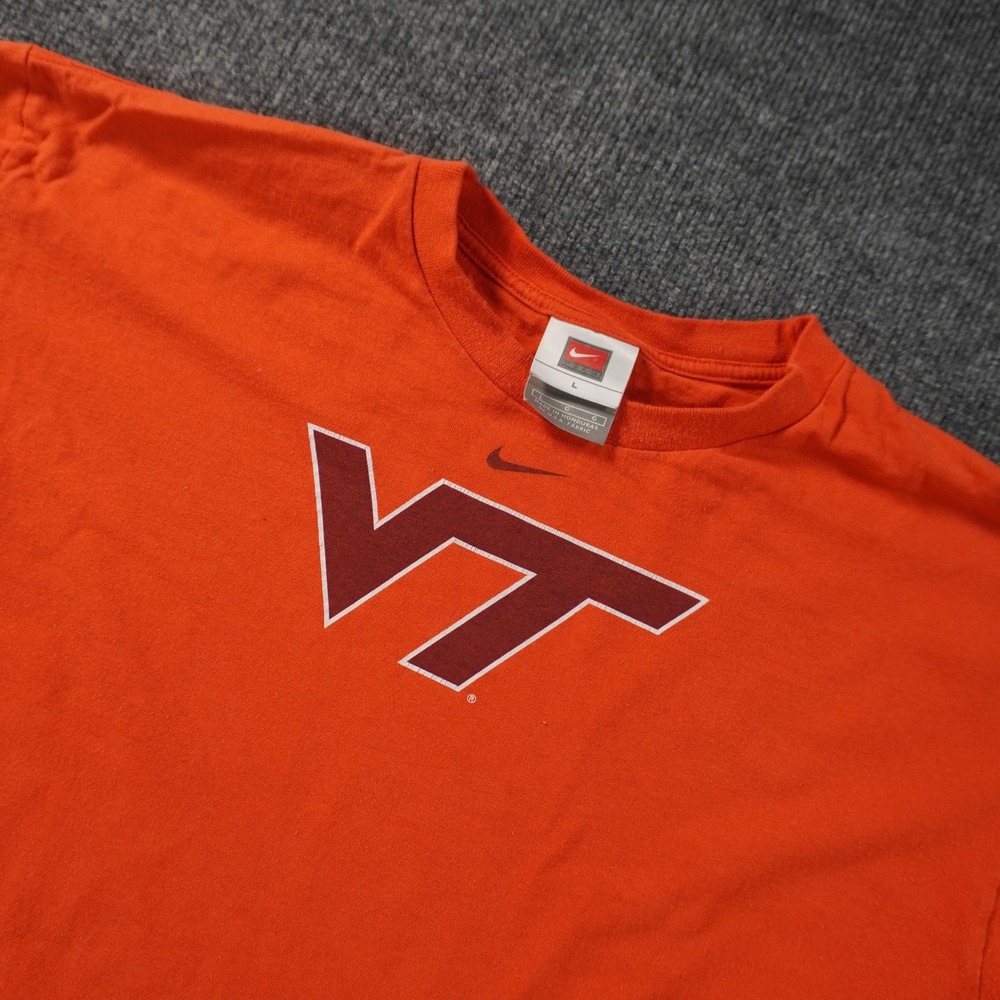 Vintage Nike Virginia Tech T-Shirt Men Large Orange Hokies VT Logo Center Swoosh